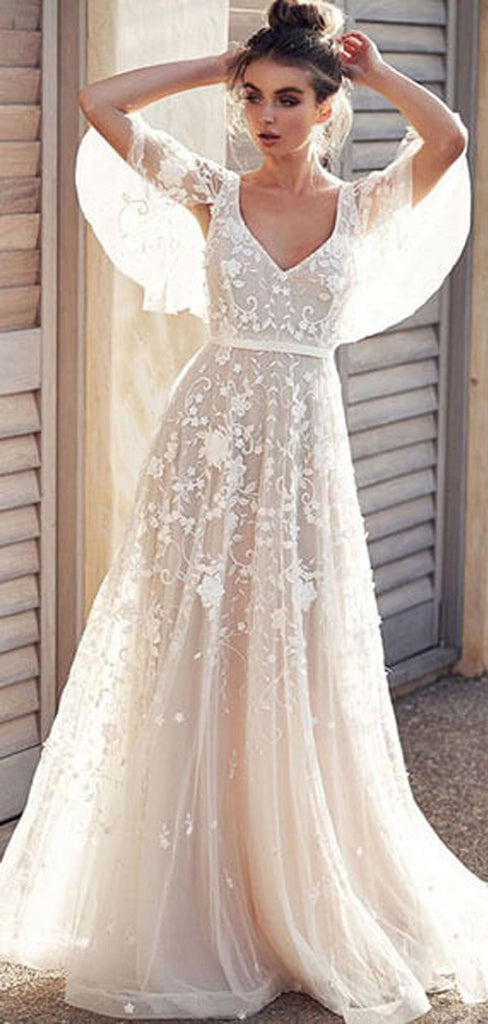 Half Sleeves A-line V-neck Backless Handmade Lace Wedding Dresses,WD729