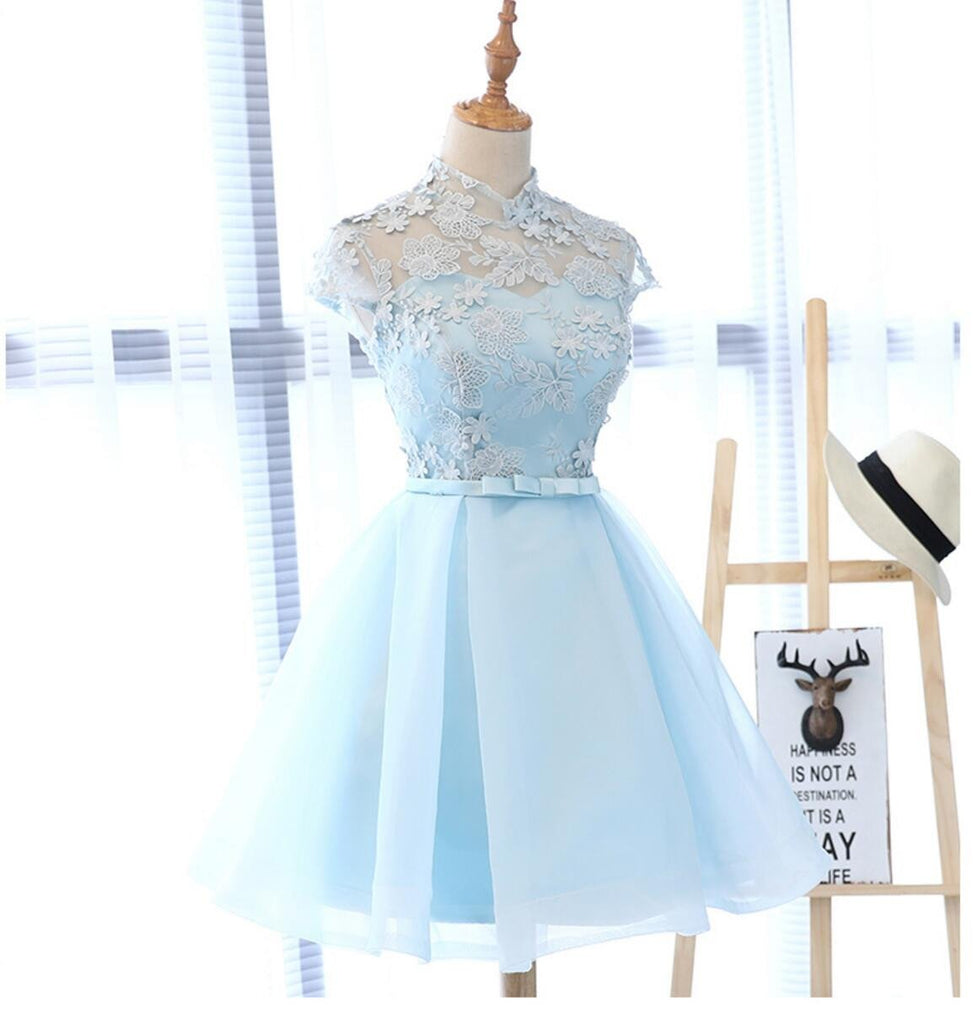 High Neckline Light Blue Cute Homecoming Prom Dresses, Affordable Short Party Prom Sweet 16 Dresses, Perfect Homecoming Cocktail Dresses, CM331
