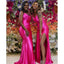 Hot Pink Mermaid Spaghetti Straps Side Slit Cheap Long Bridesmaid Dresses,WG1374