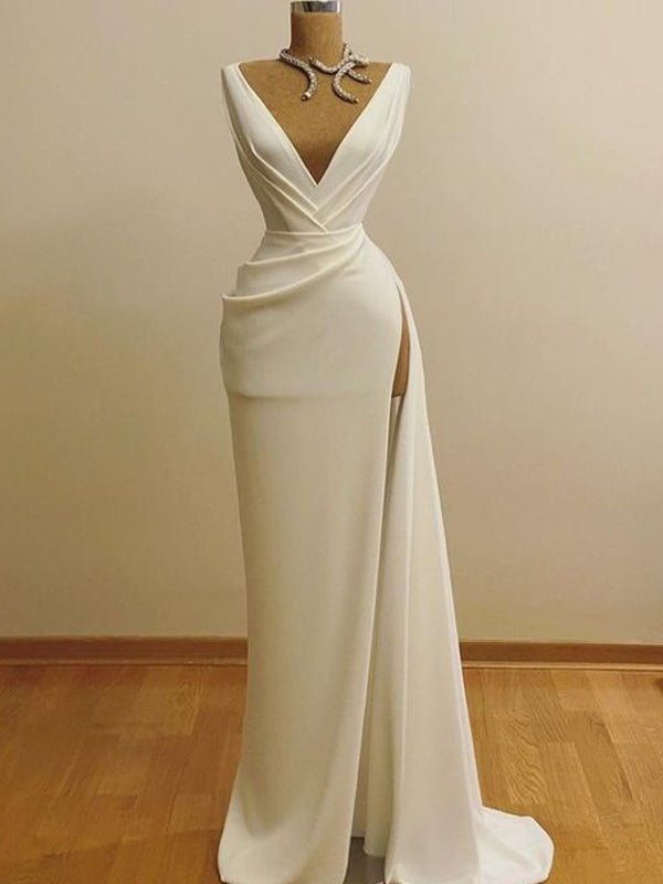 Ivory Sheath Deep V-neck High Slit Cheap Long Prom Dresses,12817