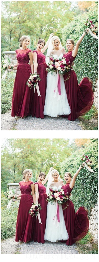 Jewel Cap Sleeves Dark Red Chiffon Floor Length Cheap Bridesmaid Dresses Online, WG560