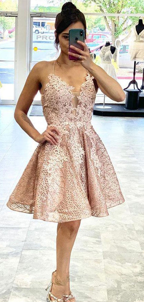 Lace Backless V-neck Short Homecoming Dresses Online, Cheap Short Prom Dresses, CM866
