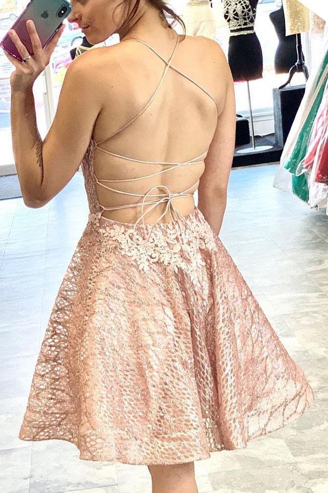 Lace Backless V-neck Short Homecoming Dresses Online, Cheap Short Prom Dresses, CM866