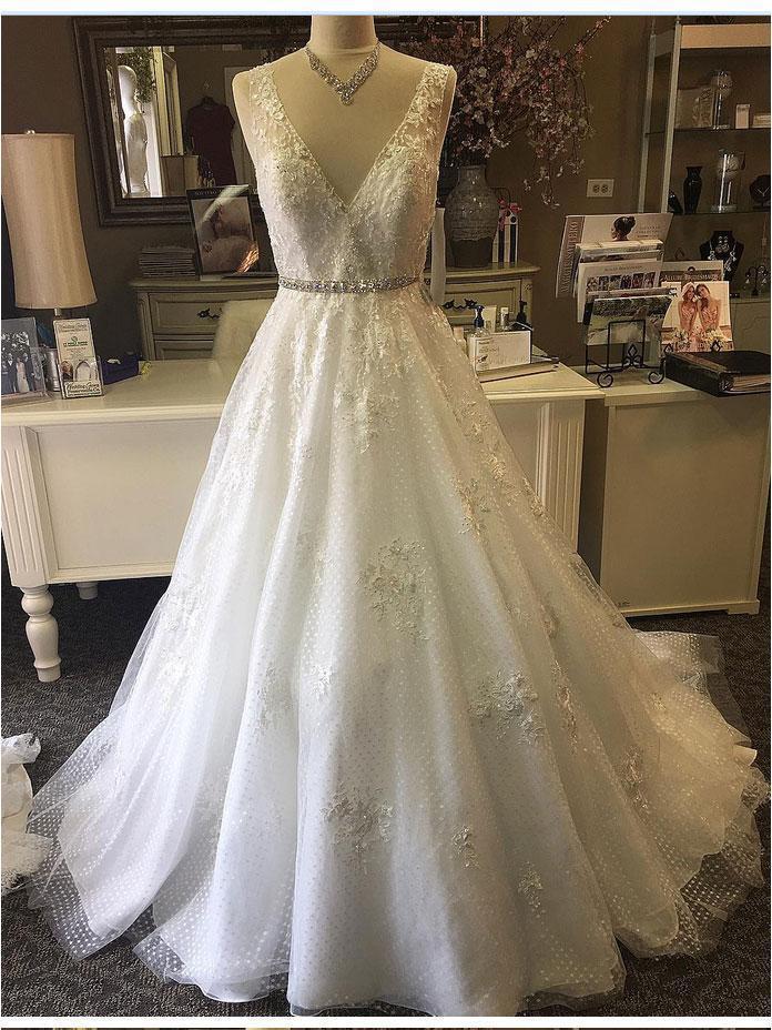 Lace Beaded V Neck A line Cheap Wedding Dresses Online, Cheap Lace Bridal Dresses, WD457