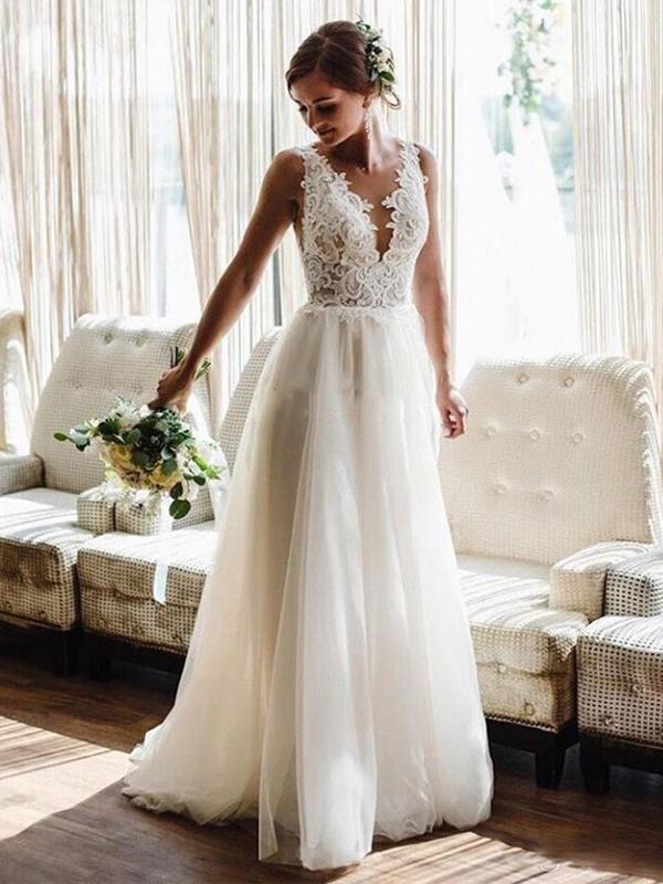 Lace See Through V Neck Cheap Wedding Dresses, Cheap Wedding Gown, WD699