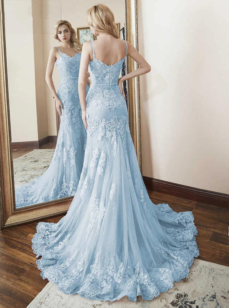 Light Blue Lace Beaded Mermaid Long Evening Prom Dresses, Evening Party Prom Dresses, 12308