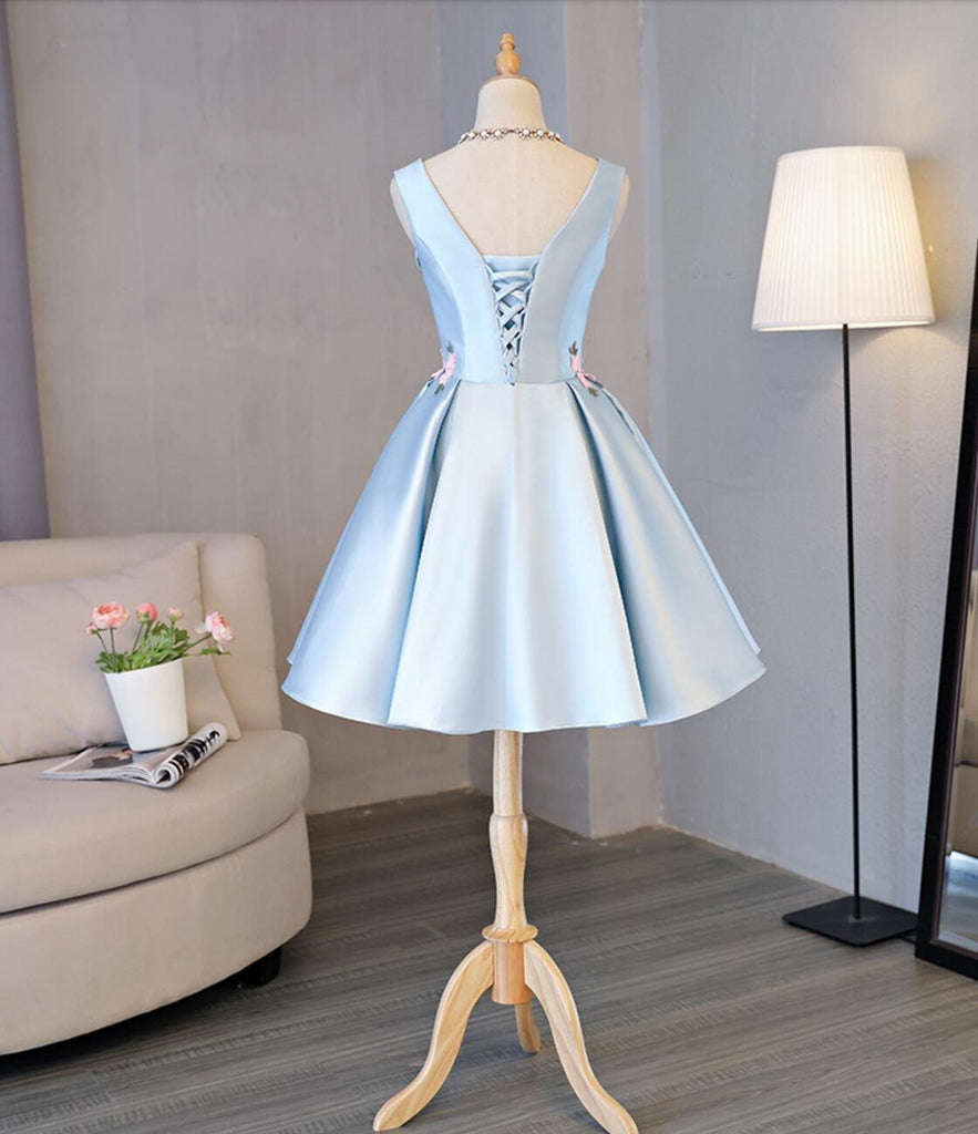 Light Blue Scoop Neckline Hand Made Flower Cute Homecoming Prom Dresses, Affordable Short Party Prom Sweet 16 Dresses, Perfect Homecoming Cocktail Dresses, CM326