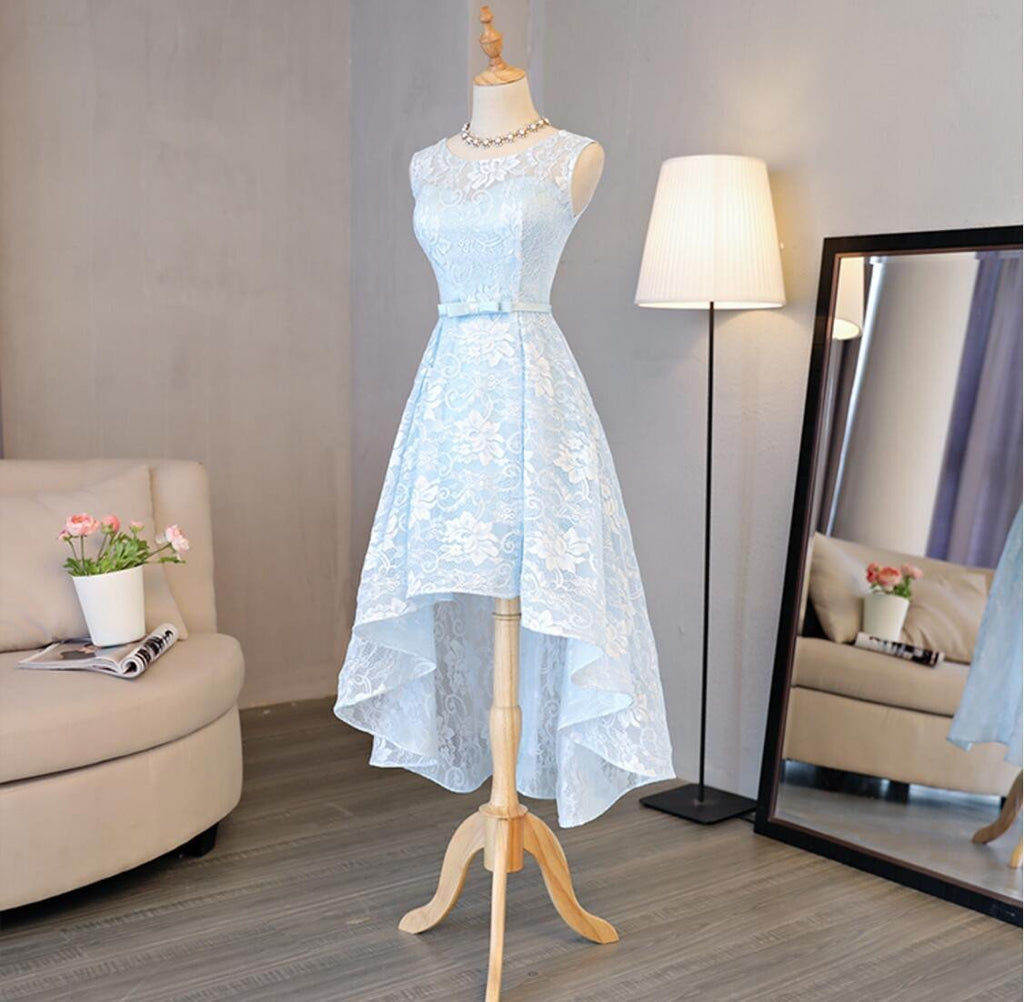 Light Blue Scoop Neckline Lace High Low Homecoming Prom Dresses, Affordable Short Party Prom Sweet 16 Dresses, Perfect Homecoming Cocktail Dresses, CM327