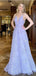 Light Purple A-line Spaghetti Straps V-neck Long Prom Dresses Online,12419