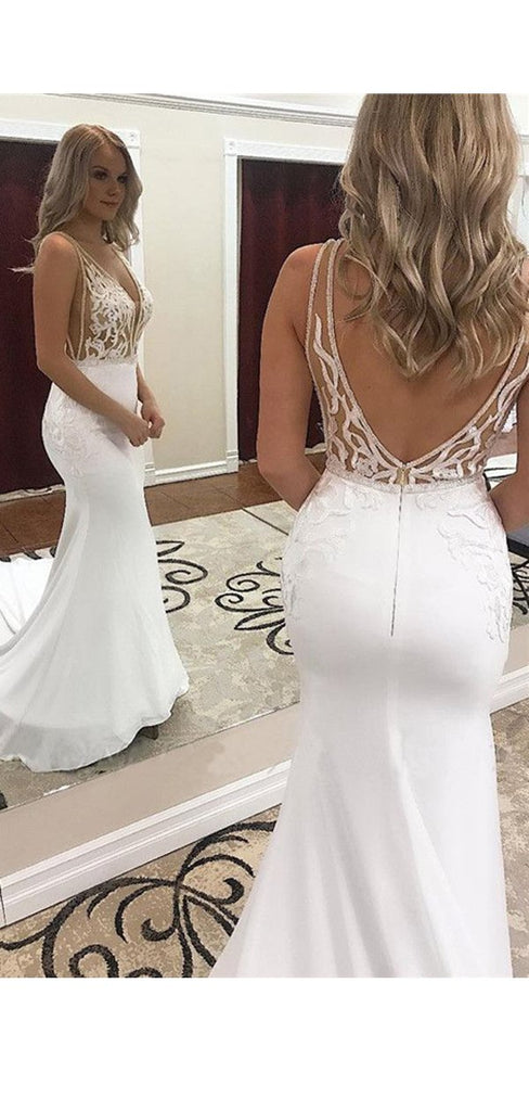 Long Mermaid See Through V-neck Backless Lace Wedding Dresses,WD763