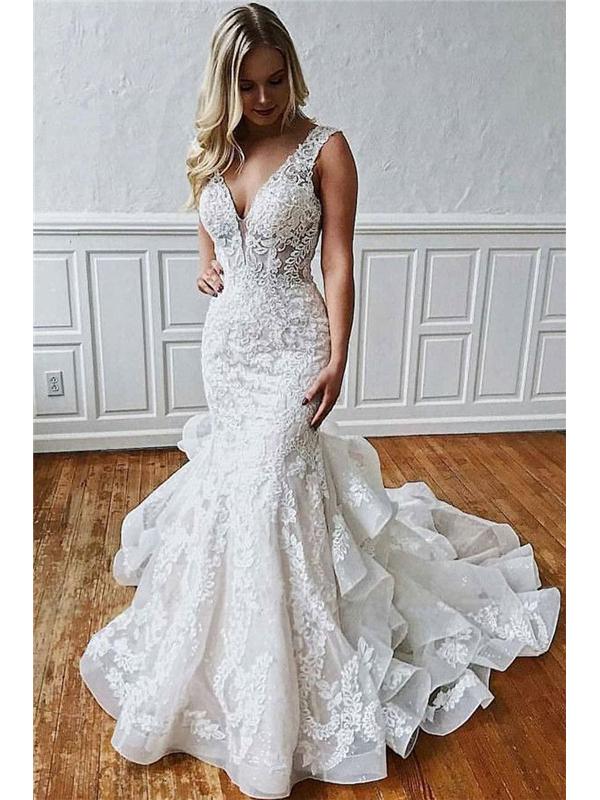 Long Sexy Mermaid V-neck Straps Backless Lace Wedding Dresses,WD764
