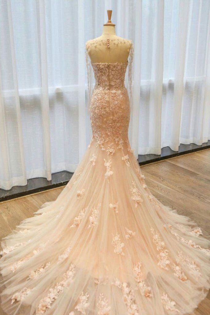 Long Sleeve Blush Pink Mermaid Lace Long Evening Prom Dresses, Popular Cheap Long Party Prom Dresses, 17309