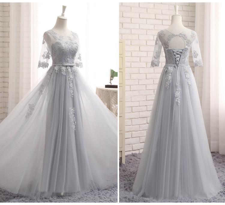Long Sleeve Gray Lace A line Long Bridesmaid Dresses, Cheap Custom Long Bridesmaid Dresses, Affordable Bridesmaid Gowns, BD020
