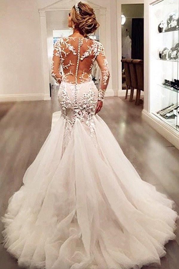Long Sleeve Lace Mermaid Wedding Dresses,  Sexy See Through Long Custom Wedding Gowns, Affordable Bridal Dresses, 17101