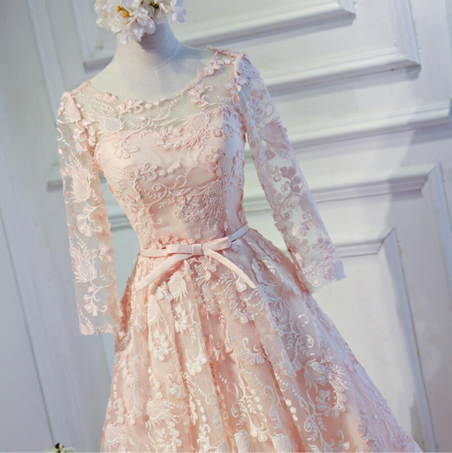 Long Sleeve Light Peach Open back Lace Cute Homecoming Prom Dresses, Affordable Short Party Prom Dresses, Perfect Homecoming Dresses, CM317