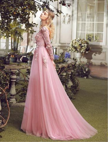 Long Sleeve Pink Lace A line Long Evening Prom Dresses, Popular Cheap Long Party Prom Dresses, 17310