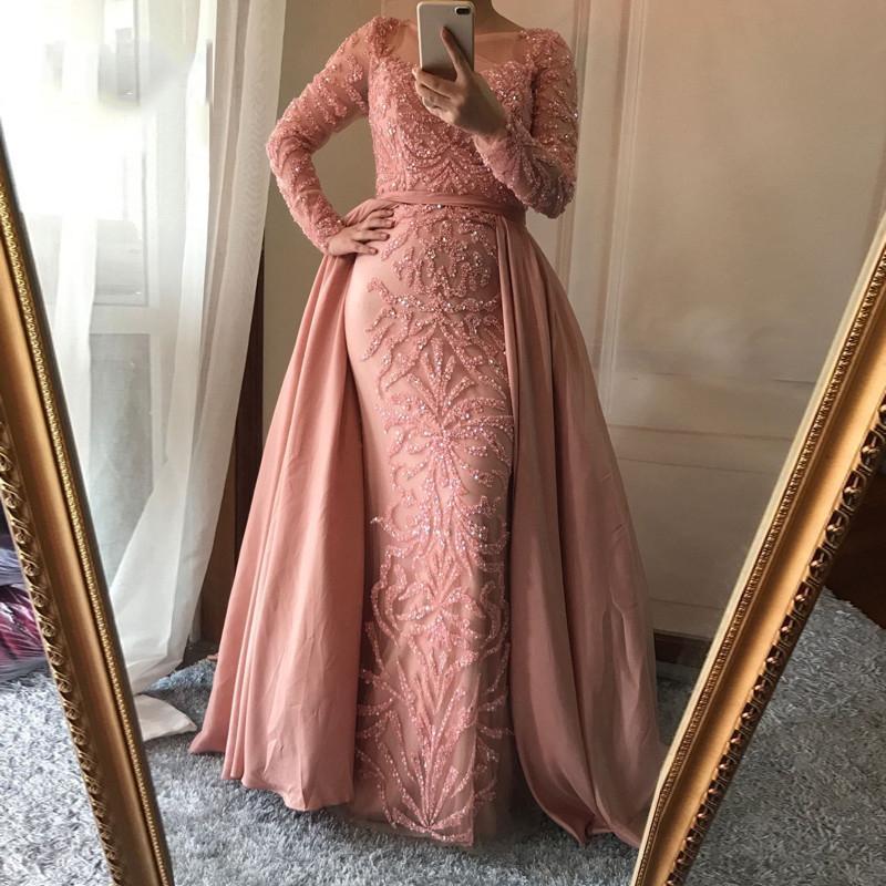 Long Sleeve See Through Heavily Beaded Dusty Pink Long Evening Prom Dresses, Popular Cheap Long Party Prom Dresses, 17228