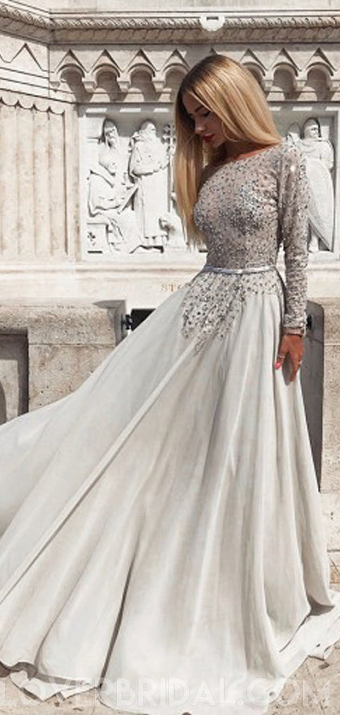 Long Sleeves Backless Grey Lace Beaded Cheap Evening Prom Dresses, Cheap Custom Sweet 16 Dresses, 18478
