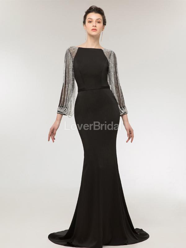 Long Sleeves Black Mermaid Long Evening Prom Dresses, Evening Party Prom Dresses, 12008
