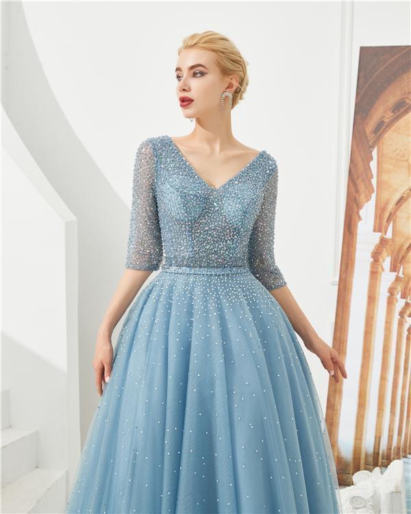Long Sleeves Blue Beaded A-line Evening Prom Dresses, Evening Party Prom Dresses, 12130