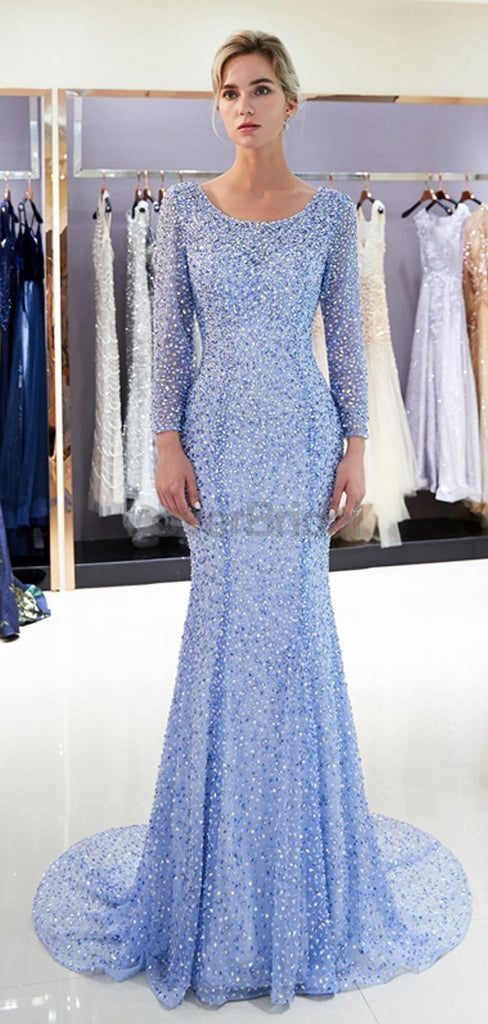 Long Sleeves Blue Heavily Beaded Mermaid Evening Prom Dresses, Evening Party Prom Dresses, 12057