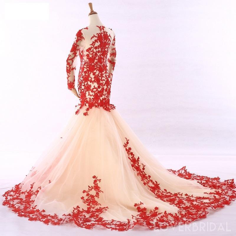 Long Sleeves Red Lace Mermaid Evening Prom Dresses, Cheap Custom Sweet 16 Dresses, 18531