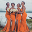 Mermaid Orange One Shoulder High Slit Cheap Bridesmaid Dresses Gown Online, WG877