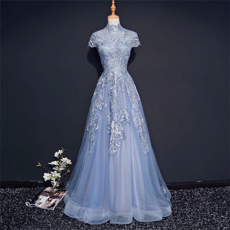 Modest High Neckline Short Sleeve Dusty Blue Long Evening Prom Dresses, Popular Cheap Long Party Prom Dresses, 17222