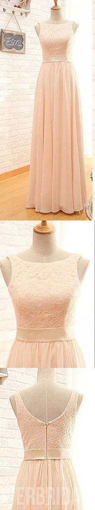 Modest Lace Top Bateau Off Shoulder Sleeveless Blush Pink Zipper Back Maxi Bridesmaid Dresses, WG15