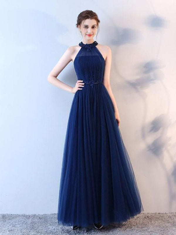 Navy Blue A-line Halter Maxi Long Prom Dresses,Evening Dresses,12952