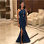 Navy Blue Mermaid Halter Side Slit Cheap Long Bridesmaid Dresses,WG1375