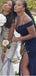 Navy Blue Mermaid Off Shoulder V-neck Cheap Long Bridesmaid Dresses,WG1141