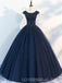 Navy Cap Sleeves Ball Gown Tulle Cheap Long Evening Prom Dresses, Custom Sweet16 Dresses, 18410