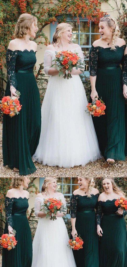 Off Shoulder 1/2 Long Sleeves Green Bridesmaid Dresses Online, Cheap Bridesmaids Dresses, WG748