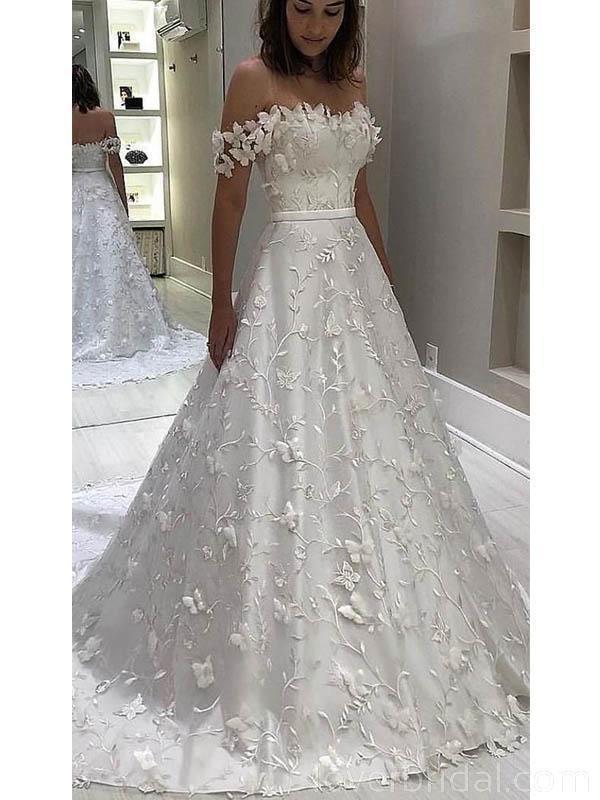Off Shoulder A-line Lace Long Wedding Dresses Online, Cheap Bridal Dresses, WD531