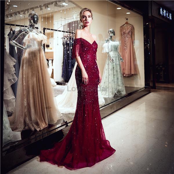 Off Shoulder Dark Red Beaded Mermaid Evening Prom Dresses, Evening Party Prom Dresses, 12064