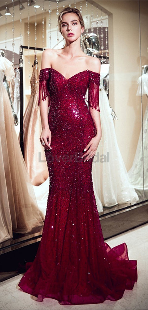 Off Shoulder Dark Red Beaded Mermaid Evening Prom Dresses, Evening Party Prom Dresses, 12064