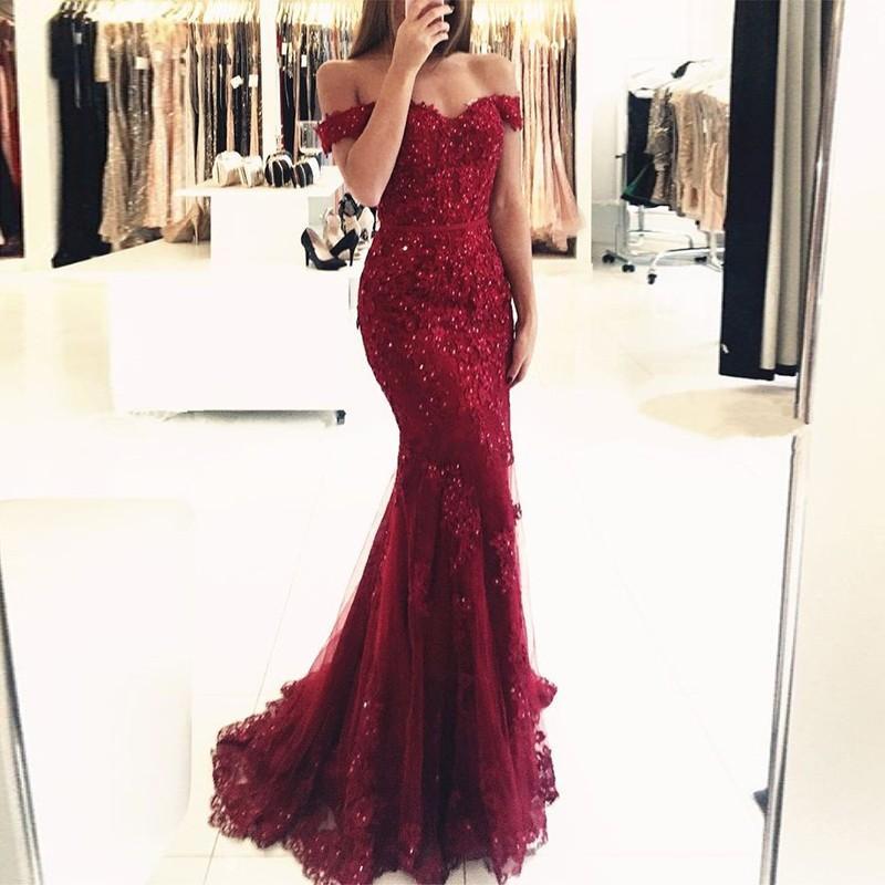 Off Shoulder Dark Red Lace Beaded Evening Mermaid Prom Dresses, Long Sexy Party Prom Dress, Custom Long Prom Dresses, Cheap Formal Prom Dresses, 17132