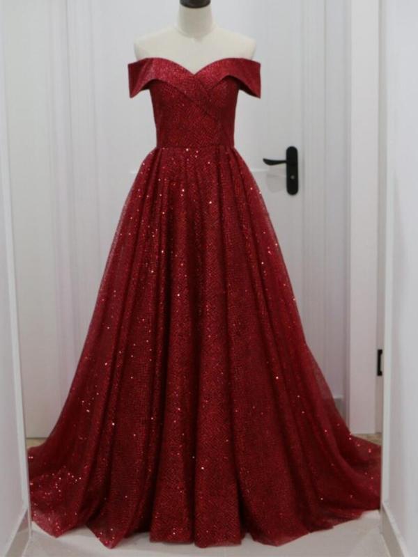 Off Shoulder Dark Red Sparkly A-line Long Evening Prom Dresses, Evening Party Prom Dresses, 12296