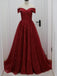Off Shoulder Dark Red Sparkly A-line Long Evening Prom Dresses, Evening Party Prom Dresses, 12296