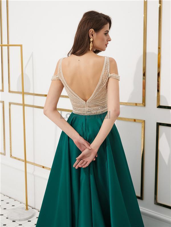Off Shoulder Emerald Green Beaded Evening Prom Dresses, Evening Party Prom Dresses, 12079