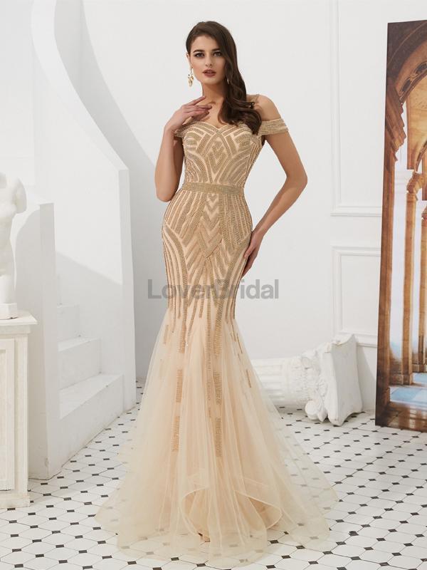 Off Shoulder Gold Beaded Mermaid Evening Prom Dresses, Evening Party Prom Dresses, 12091