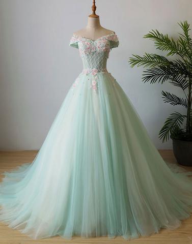 Off Shoulder Green Lace A line Evening Prom Dresses, See Through Party Prom Dresses, Custom Long Prom Dresses, Cheap Formal Prom Dresses, 17157