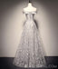 Off Shoulder Grey Lace A-line Long Evening Prom Dresses, Cheap Sweet 16 Dresses, 18407