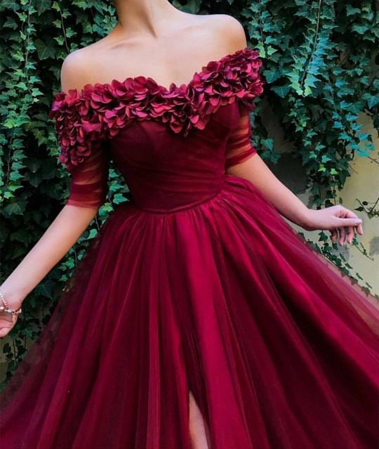 Off Shoulder Hand Made Flower Long Evening Prom Dresses With Pockets, Cheap Custom Party Prom Dresses, 18608