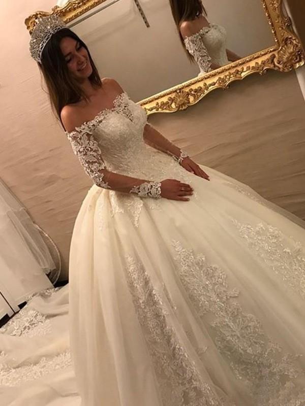 Off Shoulder Long Sleeves Lace Chapel Tail Scoop A line Wedding Dresses Online, WD406