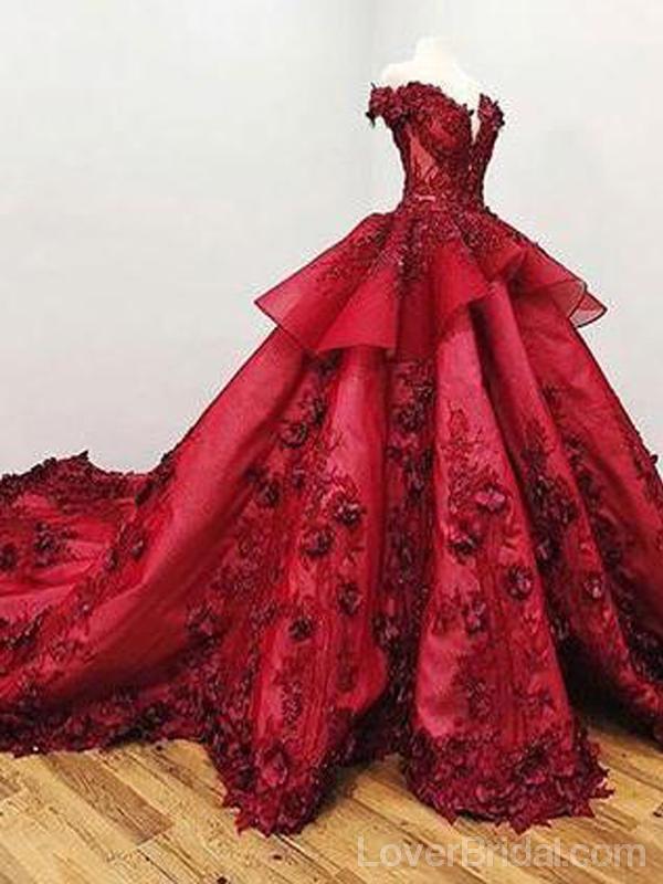 Off Shoulder Red Lace Ball Gown Long Evening Prom Dresses, Cheap Custom Sweet 16 Dresses, 18557