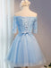 Off Shoulder Short Sleeve Blue Lace Homecoming Prom Dresses, Affordable Short Party Prom Dresses, Perfect Homecoming Dresses, CM287