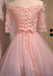 Off Shoulder Short Sleeve Pink Lace Cute Homecoming Prom Dresses, Affordable Short Party Prom Dresses, Perfect Homecoming Dresses, CM306