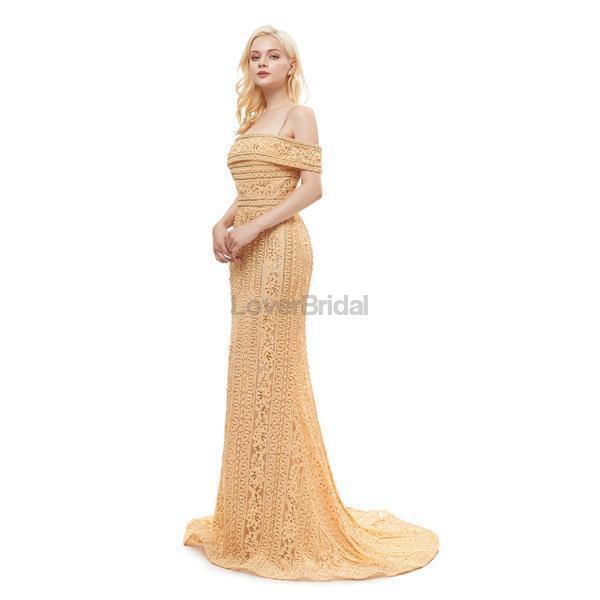 Off Shoulder Spaghetti Straps Gold Lace Evening Prom Dresses, Evening Party Prom Dresses, 12056